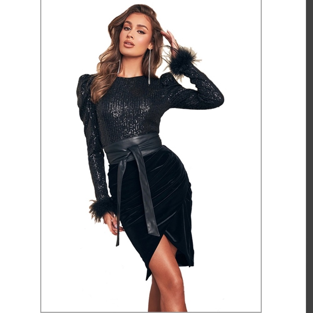 Lavish Alice Sequin Feather Embellished Midi Dress in Black size 2